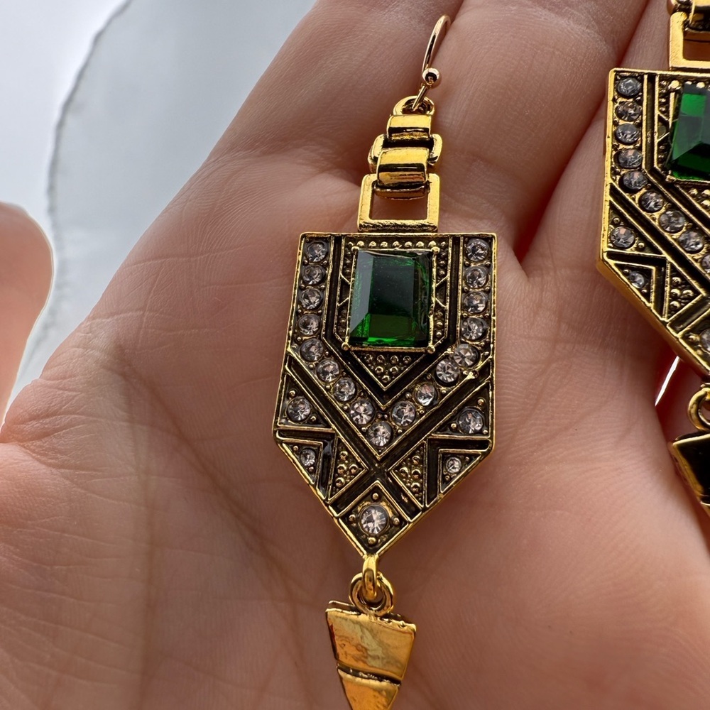 Art Deco Geometric Drop Earrings – Gold Vintage Statement Jewelry - Picture 5 of 7